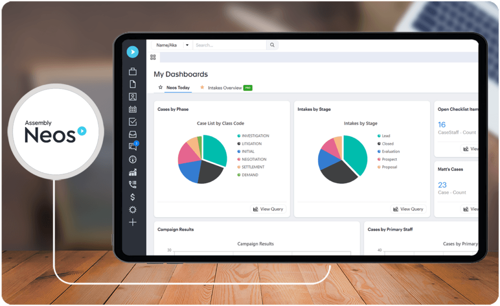 Dashboard illustrating litigation reporting and operational visibility with real-time analytics for case workload, client communication, case progression, staff productivity, workflow bottlenecks, aging files, and settlement pipeline.